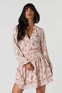 Smocked Waist Long Sleeve Mini Dress