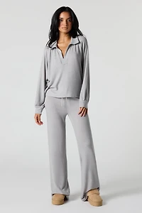 V-Neck Collared Long Sleeve Top