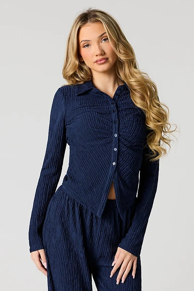 Textured Long Sleeve Button-Up Top