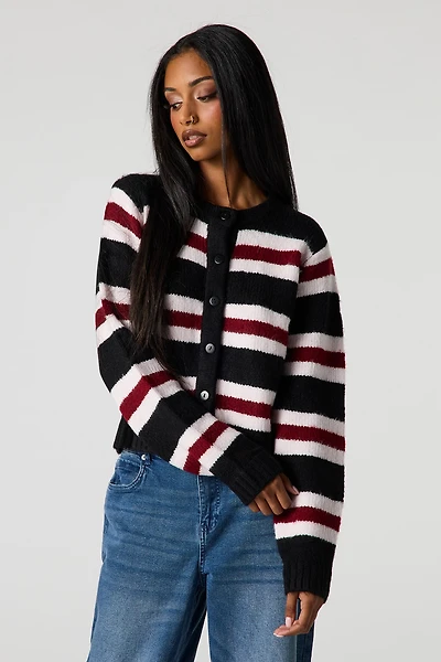 Striped Mossy Knit Button-Up Cardigan