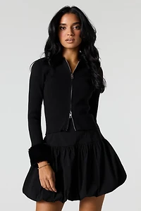 Faux Fur Collared Zip-Up Sweater