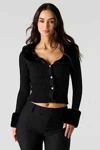 Faux Fur Trim Button-Up Sweater
