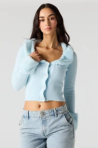 Faux Fur Trim Button-Up Sweater