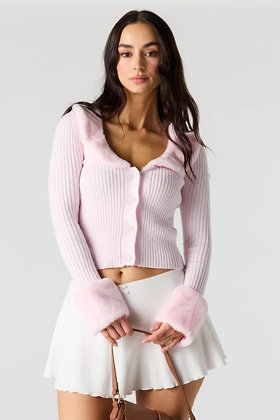 Faux Fur Trim Button-Up Sweater