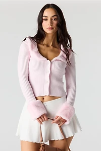 Faux Fur Trim Button-Up Sweater
