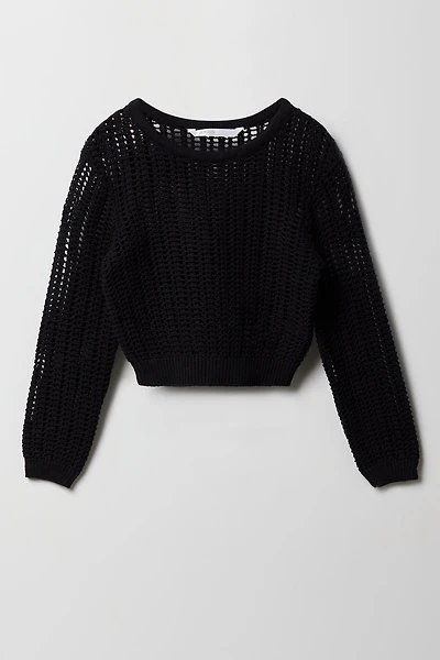 Girls Crochet Boxy Long Sleeve Top