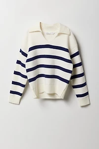 Girls Striped Knit Collared Sweater