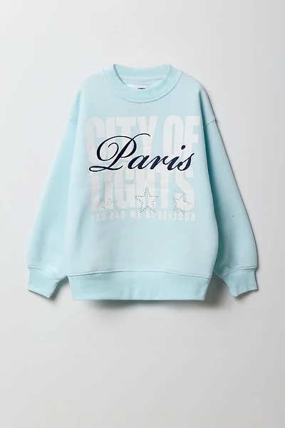 Girls Oversized Paris Embroidered Fleece Sweatshirt