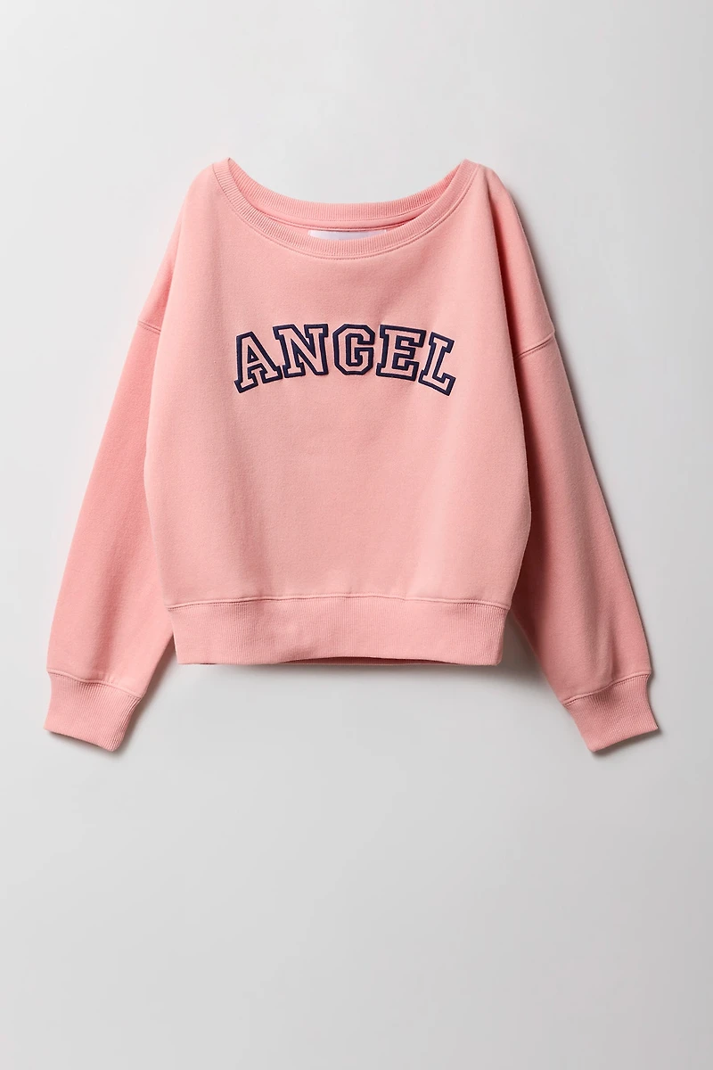 Girls Fleece Off Shoulder Puff Print Sweatshirt