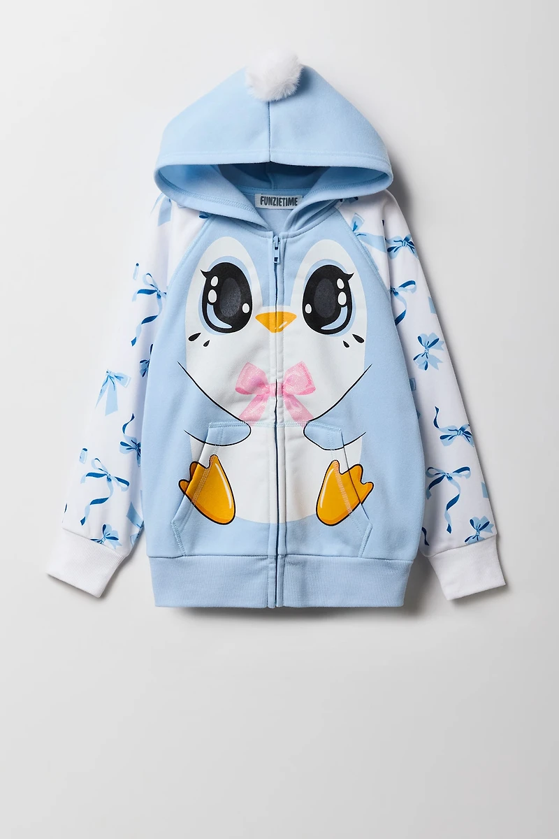 Girls 3D Penguin Bow Zip-Up Character Hoodie