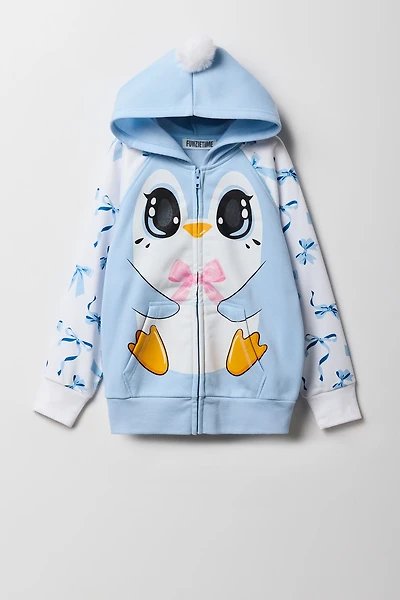 Girls 3D Penguin Bow Zip-Up Character Hoodie