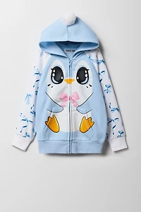 Girls 3D Penguin Bow Zip-Up Character Hoodie