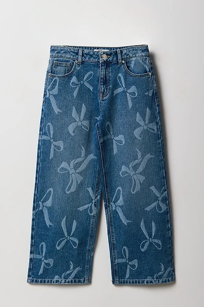 Jean baggy mi-taille délavé avec boucles pour fille