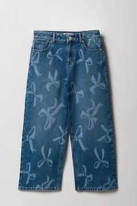 Girls Mid Rise Baggy Bow Wash Jean