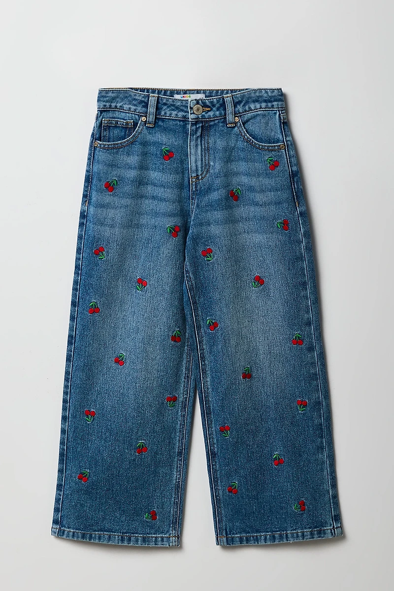Girls Cherry Embroidered Mid Rise Baggy Jean