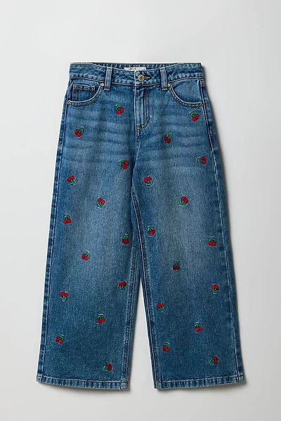 Girls Cherry Embroidered Mid Rise Baggy Jean