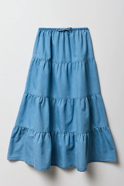 Girls Denim Tiered Maxi Skirt