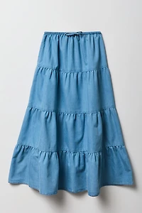 Girls Denim Tiered Maxi Skirt