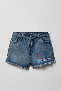Girls High Rise Stitch Embroidered Denim Short