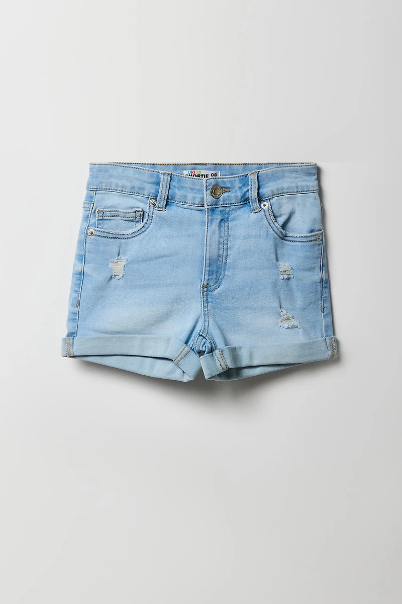 Short court mi-taille en denim d'aspect usé pour fille