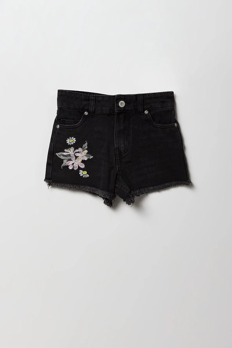 Short en denim à taille haute avec motif brodé fleuri pour fille