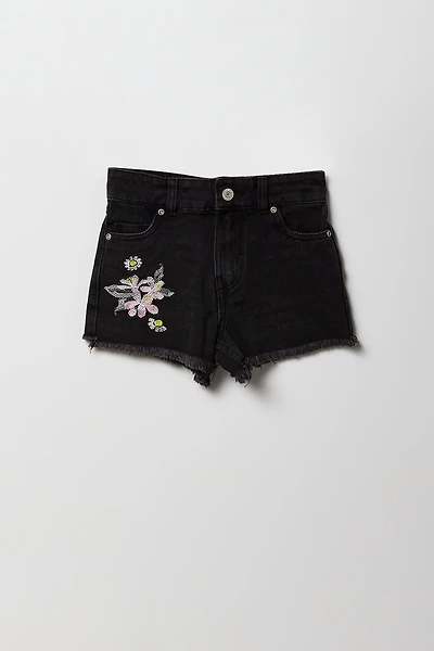 Short en denim à taille haute avec motif brodé fleuri pour fille