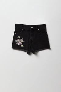 Short en denim à taille haute avec motif brodé fleuri pour fille