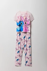 Ensemble pyjama avec t-shirt à imprimé Stitch & Angel et pantalon en peluche pour fille