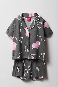 Barbie™ Girls Printed Button-Up Top & Short Pajama Set