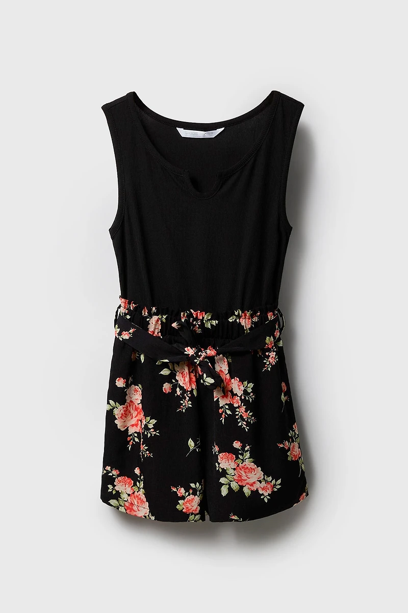 Combi-short fleuri avec ceinture pour fille