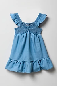 Girls Chambray Flutter Sleeve Romper Dress