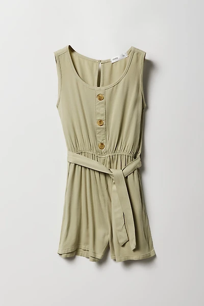Girls Button Front Belted Romper
