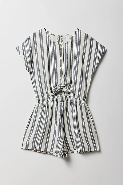 Girls Linen Front-Tie Cut-Out Buttoned Romper