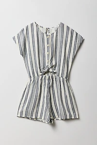 Girls Linen Front-Tie Cut-Out Buttoned Romper
