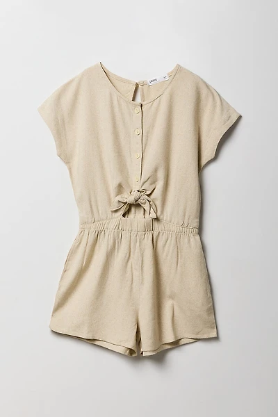 Combi-short boutonné en lin avec attache et découpes pour fille