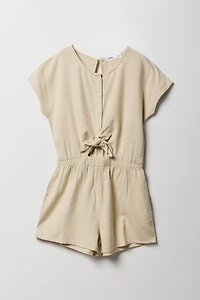 Girls Linen Front-Tie Cut-Out Buttoned Romper