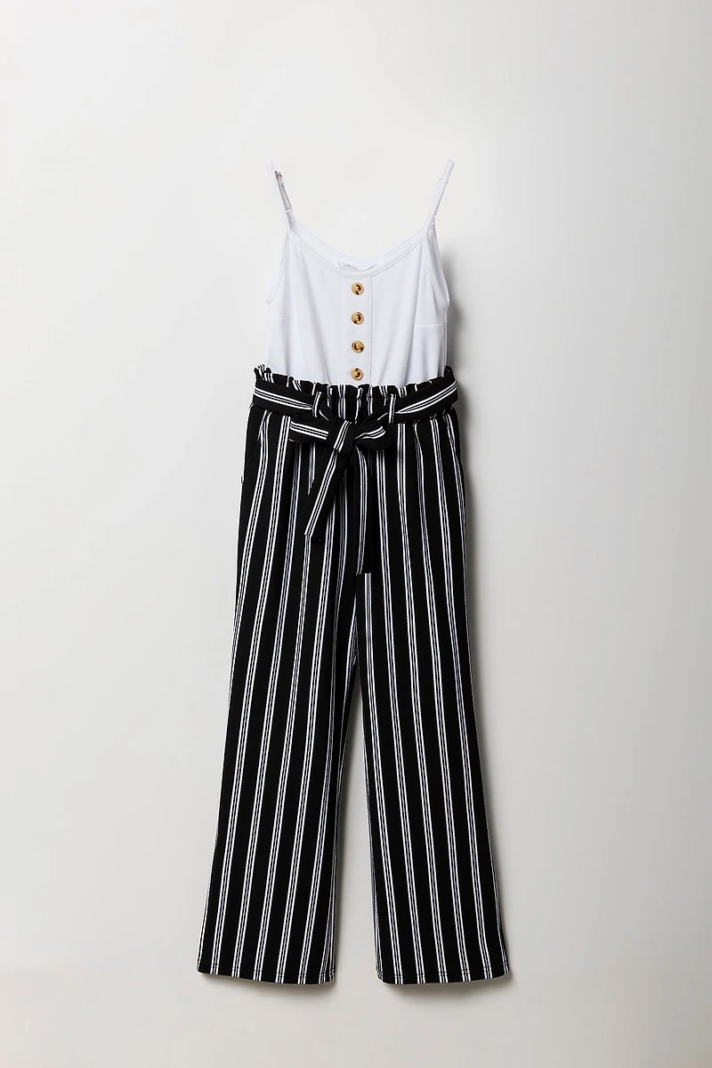 Girls Button Front Floral Belted Jumpsuit