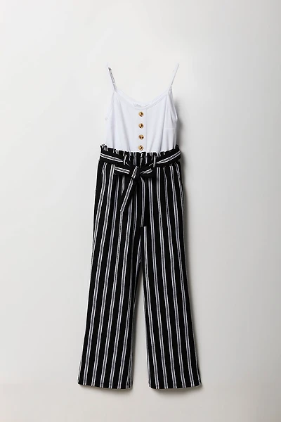 Girls Button Front Floral Belted Jumpsuit