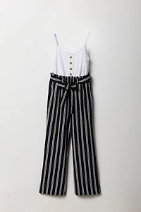 Girls Button Front Floral Belted Jumpsuit