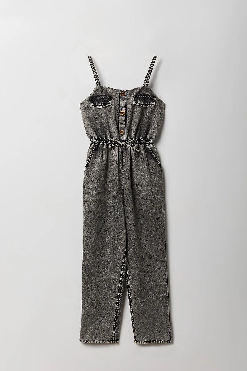 Girls Chambray Button Front Jumpsuit