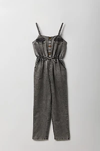 Girls Chambray Button Front Jumpsuit