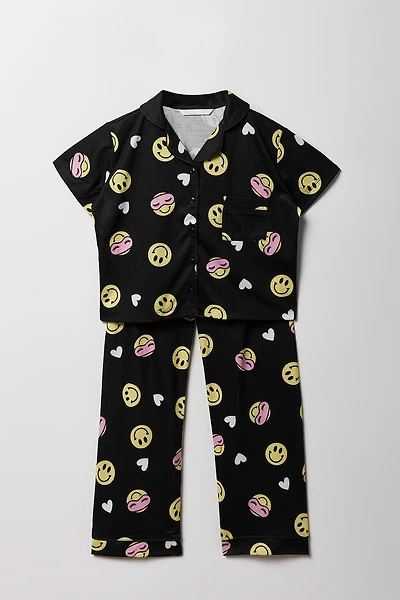 Girls Printed Button-Up Top & Pant Pajama Set