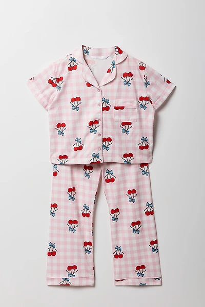Girls Printed Button-Up Top & Pant Pajama Set