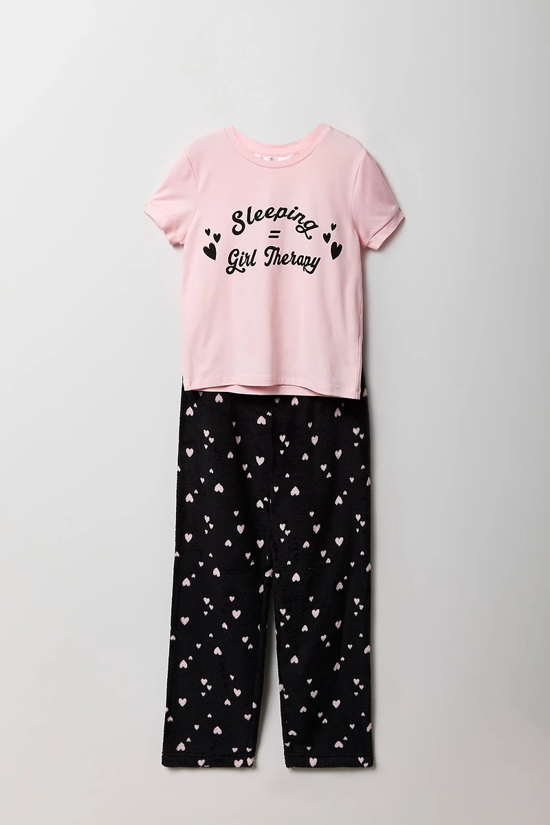Girls Graphic T-Shirt & Plush Pant Pajama Set