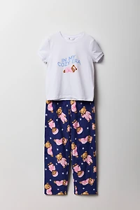 Girls Graphic T-Shirt & Plush Pant Pajama Set