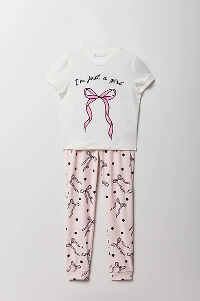 Girls Cute Graphic T-Shirt & Printed Velour Pajama Set