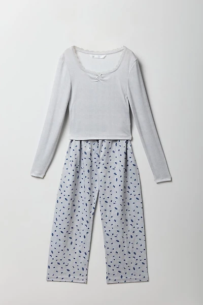 Girls Pointelle Long Sleeve Top & Pant Pajama Set