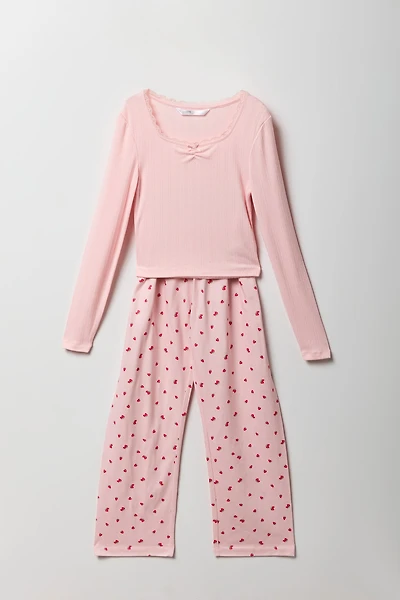 Girls Pointelle Long Sleeve Top & Pant Pajama Set