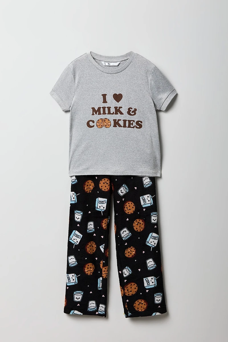 Girls Graphic T-Shirt & Plush Pant Pajama Set