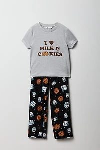 Girls Graphic T-Shirt & Plush Pant Pajama Set